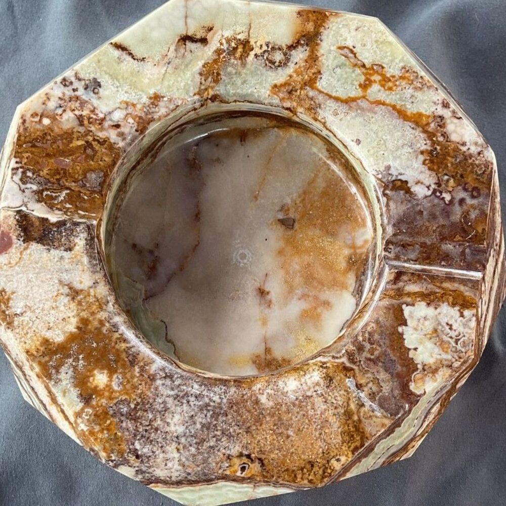 Carved Faceted Polished Jasper Stone Ashtray Candy Dish